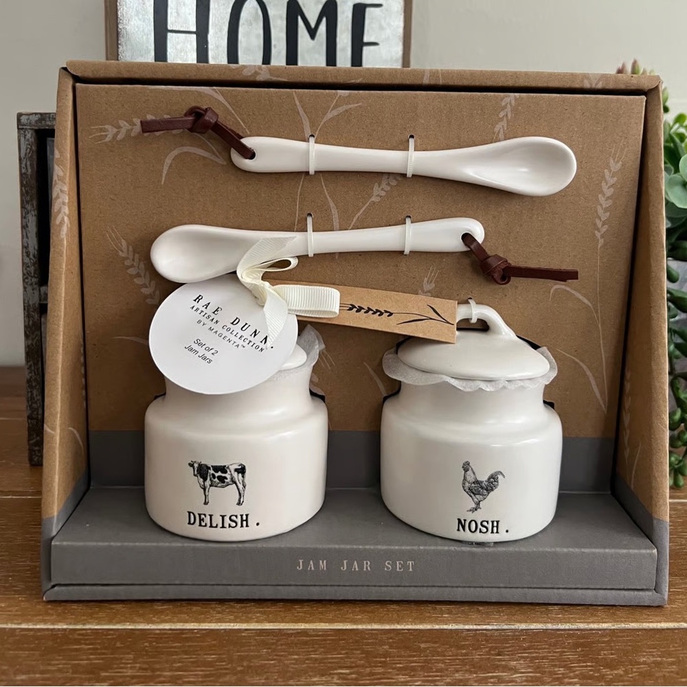 New Rae Dunn Farmhouse Cow & Rooster Jam Jar Set with spoons
